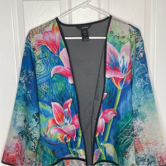 Ali Miles Open Front Floral Art to Wear Artsy Kimono Jacket Vibrant Colorful XL - Picture 3 of 13